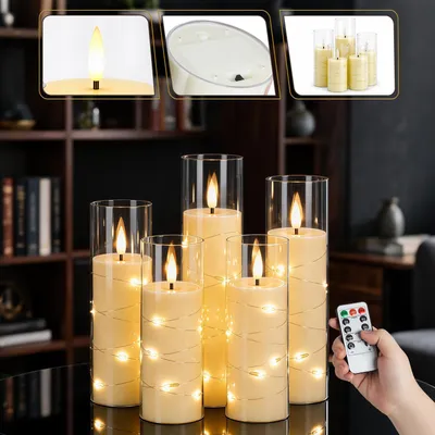 Obrázok produktu pre Sada 5 LED sviečok s girlandou a diaľkovým ovládaním, bez plameňa, s teplým bielym svetlom, s priehľadnými akrylovými pohármi