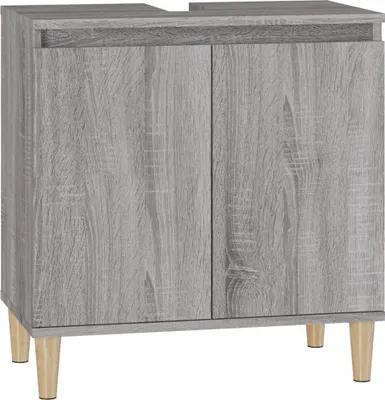 A front view of a gray wood-grain bathroom vanity cabinet with four wooden legs.