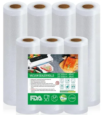 Zdjęcie produktu dla Worki do pakowania próżniowego, 7 rolek, wolne od BPA, grubość 190 µm, przeznaczone do gotowania sous vide. W zestawie: 3 rolki o wymiarach 20x300 cm oraz 4 rolki o wymiarach 28x300 cm