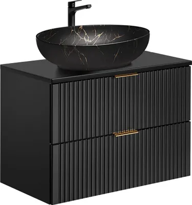 Produktbild von Badezimmer Waschtisch mit 80 cm Breite in schwarz, 2 Schubladen & goldmarmoriertes Waschbecken - ADELAIDE-56-BLACK