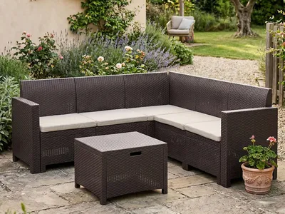 Produktbild von Lounge-Set für den Außenbereich Dcorre, Garten-Set mit Kissen, Lounge-Set für den Innenbereich in Rattan-Optik, 100 % Italy, Braun