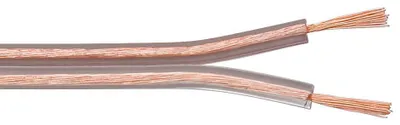 A close-up view of a transparent audio cable split into two wires, showing the copper strands at the ends.