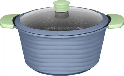 A blue pot with a glass lid and green handles is shown against a white background.