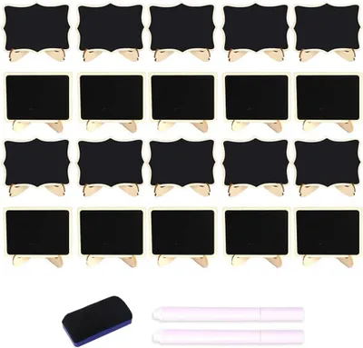 Imagen del producto de Mini pizarras con soporte, 20 unidades, de 7,5 x 10 cm, que incluyen rotuladores de tiza y gomas para pizarra, ideales para fiestas