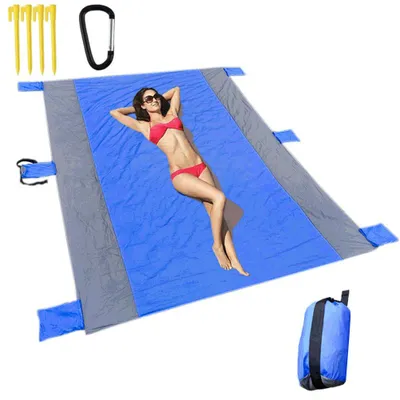 Zdjęcie produktu dla Koc plażowy, duży, 220 x 180 cm, odporny na piasek koc piknikowy do użytku na zewnątrz, nylonowa mata plażowa z 4 kołkami do podróży, kempingu, turystyki pieszej