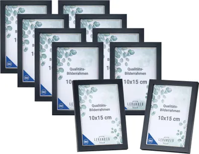Produktbild von 10 Stück Bilderrahmen Echtholz  EU 10x15 Schwarz mit Glasscheibe Portrait Fotorahmen Set Holz Kiefernholz Picture Frame
