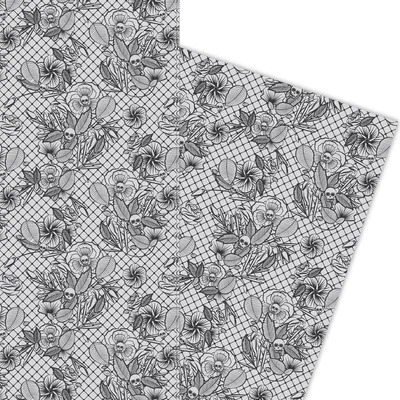 Produktbild von Florales Totenkopf Geschenkpapier nicht nur zu Halloween schwarz auf grau - G5863, 32 x 48cm