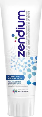 A tube of Zendium toothpaste with a white background.