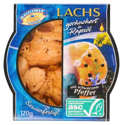 Produktbild von May Flower Lachsfilet geräuchert mit schwarzem Pfeffer in Rapsöl 75g