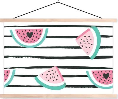 Produktbild von MuchoWow® Textilposter Wassermelone - Sommer - Schwarz 120x80 cm mit holzfarbenen Rahmen - Aufhängeset