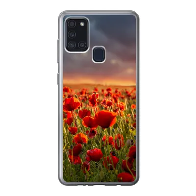 Produktbild von MuchoWow® Handyhülle Schutzhülle Hülle für Samsung Galaxy A21s Sonnenuntergang über einem Feld von Mohnblumen Silikon Softcase Handy Hülle - Hartschale