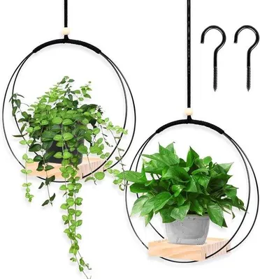 Zdjęcie produktu dla 2 lampy wiszące w stylu makramy z drewnianą podstawą na rośliny