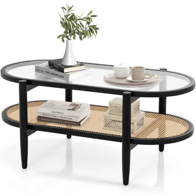 Obrázok produktu pre Konferenčný stolík TA-11279-US, ratan, tvrdené sklo, 102 x 56 x 47 cm, čierna/prírodná – A