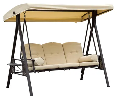 Produktbild von Hollywoodschaukel 3-Sitzer mit Sonnendach Kissen Seitenablagen pulverbeschichtetes Metallgestell Polyester Khaki 116 x 206 x 183 cm bis 360 kg