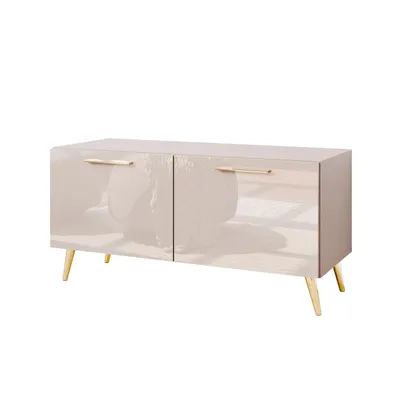 Produktbild von TV-Schrank AURA 100 KASCHMIR Hochglanz auf schrägen goldenen Beinen mit LED-Beleuchtung