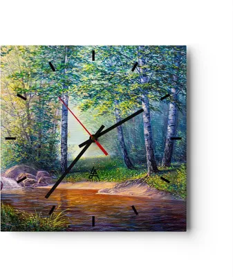 Produktbild von Wanduhr - Quadrat - Glasuhr - Wiese Wasser Baum - 40x40cm - Schleichendes Uhrwerk - Lautlos - zum Aufhängen bereit - Dekoration Modern - Wanddekoration aus Glas - C3AC40x40-4063