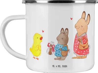 Produktbild von Mr. & Mrs. Panda Teetasse Ostern Geschenke - Weiß - Geschenk, Küken, Campingtasse, Ostereier, Haferl, Osterhase, Frühling, Pott, Emaille Tasse, Teebecher, Hase