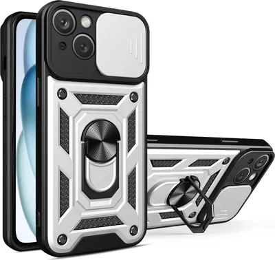 Produktbild von iPhone 15 Hülle mit Magnetische Ring Ständer Halter Dia Kameraschutz TPU Bumper Silikon Schutzhülle für iPhone 15 Silber