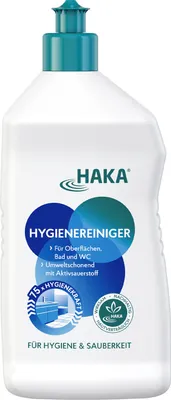 A white bottle of cleaning product with teal accents and blue circular graphics on a white background.