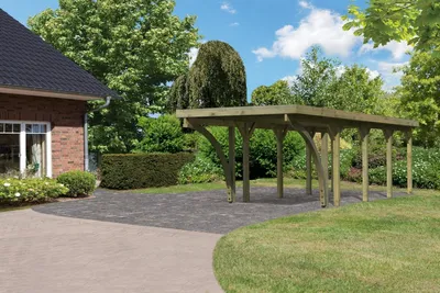 Produktbild von Einzelcarport Classic 3 Holz Überdachung Unterstand Stahl-Dach inkl. zwei Einfahrtsbögen kesseldruckimprägniert 273x657,5x234 cm
