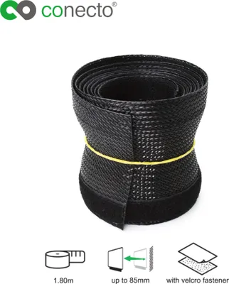 Produktbild von conecto CC50326 Universeller Polyester-Kabelschlauch, selbst zusammenziehend  mit Klettverschluss, Ø 85mm, 1,80m, schwarz