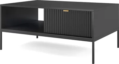 Obrázek produktu pro Konferenční stolek 100 cm Galla - Konferenční stolek se zásuvkou - Odkládací stolek s kovovým rámem, drážkovanými čely a zlatými úchyty (černá + černá)