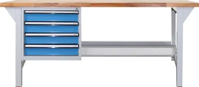 Produktbild von Werkbank Rhino Plus mit 4 Schubladen | HxBxT 84x150x70cm | Traglast 500kg | Lichtgrau/Lichtblau