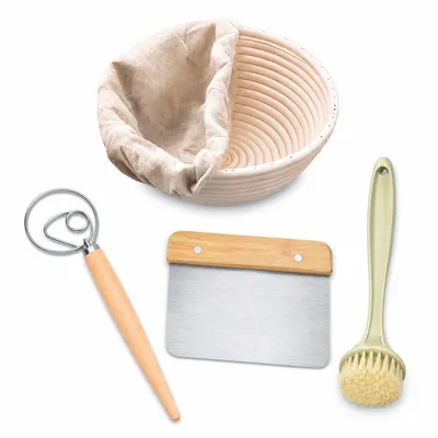 Image de Set de corbeilles à pain 25 cm rondes – Corbeilles à pain en rotin naturel avec torchon en lin, spatule, fouet et brosse – Accessoires pour la fabrication du pain