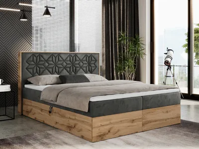 Produktbild von Boxspringbett 200x200 mit Bettkasten, Polsterbett 200x200 mit Matratze H3, Boxspringbett 200x200 mit Kopfteil, Boxspringbett mit Massivholz - Nessi - Dunkelgrau Velvet - H3