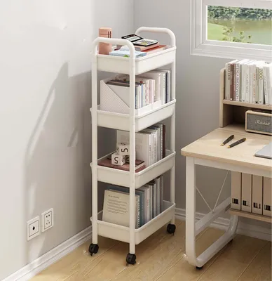 Produktbild von Bücherregale, Servierwagen, Küchenwagen,  4 Etagen, Aufbewahrungswagen, mit Rollen, Standregal, Organizer, 36 x 24 x 100 cm, Weiß