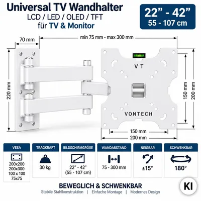 Produktbild von TV Wandhalterung 22–42 Zoll schwenkbar & neigbar – bis 30 kg in der Farbe weiß