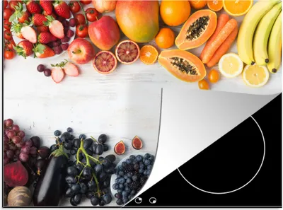 Produktbild von KitchenYeah© Herdabdeckplatte Obst - Regenbogen - Erdbeere - Weintrauben - Papaya , 71x52cm, Küche Deko, Glaskeramikkochfeld Herdabdeckung, Abdeckplatte fùr Kochfeld