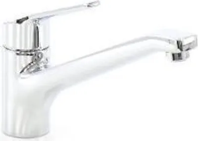 A studio shot of a chrome faucet on a white background.
