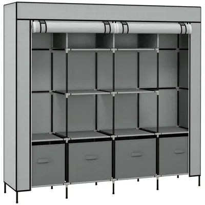 Produktbild von Stoffschrank 2 Kleiderstangen 10 Fächer 4 Stoffschubladen Reißverschlusstüren Stahlrahmen Grau 166 x 42,5 x 169,5 cm bis 50 kg