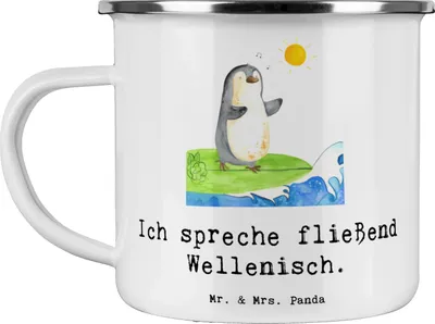 Produktbild von Mr. & Mrs. Panda Pott Fließend Surfen - Weiß - Geschenk, Tasse Emaille, Campingtasse, Sportler, Outdoor-Sportarten, Surfer, Geschenke, Teetasse, Haferl, metallbecher