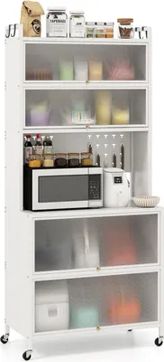 Produktbild von Moderner Vorratsschrank, Buffetschrank mit Aufsatz, 4 Metallhaken zum Aufhängen & Stecktafel, 6-stöckiges Küchenregal Kohlenstoffstahl, Weiß