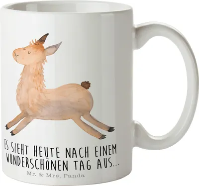 Produktbild von Mr. & Mrs. Panda Tasse Lama Springen - Weiß - Geschenk, Becher, Liebeskummer, Glück, schöne, Guten Morgen, Kaffeepott, Prüfung, Abitur, Kaffeetasse, Teetasse