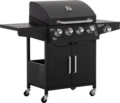 A black gas grill BBQ with a cabinet base and side shelves, shown from a front-diagonal angle against a white background.