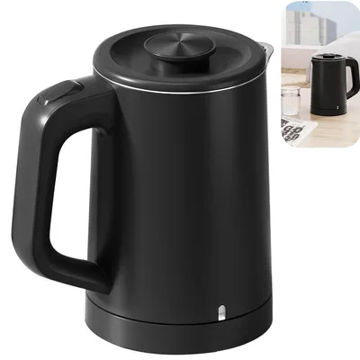 A black electric kettle is shown against a white background. A smaller inset image shows the kettle on a table with a glass of water.