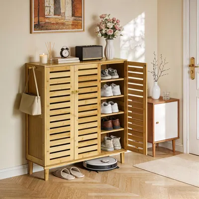 Immagine prodotto di Armadio per scarpe con 5 ripiani e 3 ante, dimensioni 90,5 x 35 x 103 cm, realizzato in legno MDF con ante a listelli