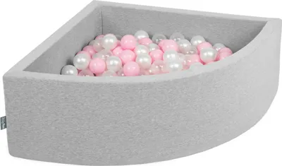 Zdjęcie produktu dla KiddyMoon suchy basen trójkątny z piłeczkami 7cm jasnoszary: pudrowy róż-perła-transparent 90x30cm/200piłek zabawka basen piankowy