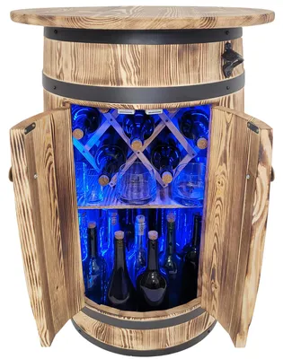 Produktbild von Fassförmiger Schnapsschrank aus Holz mit farbiger RGB-LED-Beleuchtung