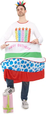 A man wearing a birthday cake costume.