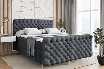 Produktbild von ALTDECOR Boxspringbett mit Gold Füßen, Matratze und Lattenrost, Topper, Fußteil, Polsterbett mit Bettkasten, Bett mit Stauraum H3- und H4- Matratze -BOXI8-FZ-Z KING-200x200 - Dunkelgrau Casablanca