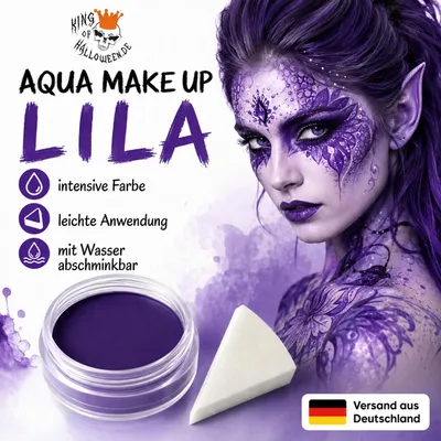Produktbild von Premium Aquaschminke Violett 14 g mit passendem Schminkschwamm – wasseraktivierbare Gesichtsfarbe mit hoher Deckkraft für Halloween Make-up, Karneval, Fasching, Cosplay, Theater, Bühne, Gothic Look, Totenkopf, Skelett, Zombie, Hexe, Vampir, Teufel, Horror