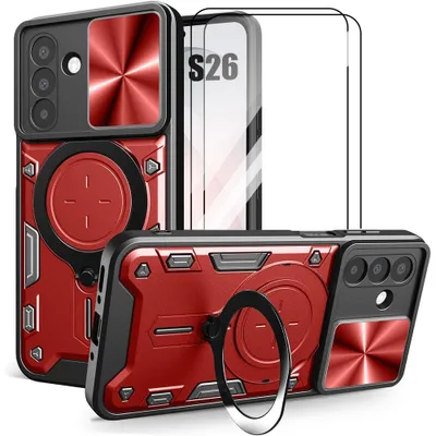 Image de Coque + 2 Verres Trempés pour Samsung Galaxy S26, avec Anneau Protection Caméra Coulissante - Rouge
