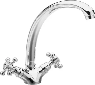 A chrome kitchen faucet with two cross-shaped handles.