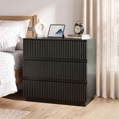 Image de Commode ALIGHTUP avec 3 tiroirs, design à lamelles sans poignée, meuble de chambre, noir, 60 x 33 x 56 cm