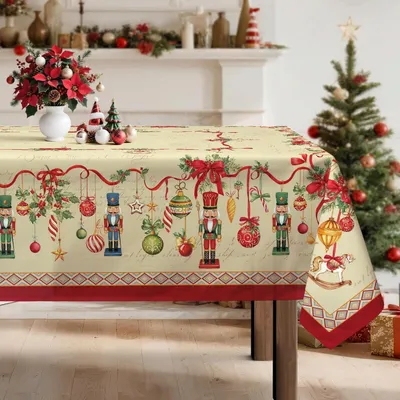 Immagine prodotto di Tovaglia natalizia, stile retrò, con decorazione di soldatino di marzapane, color beige, in poliestere, forma rettangolare, dimensioni 140 x 180 cm
