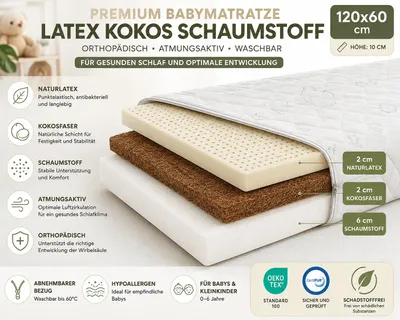 Produktbild von Premium Babymatratze 120x60 cm Latex Kokos – Orthopädisch, Atmungsaktiv, Waschbarer Bezug, 10 cm, Naturlatex, KI-generiertes Bild